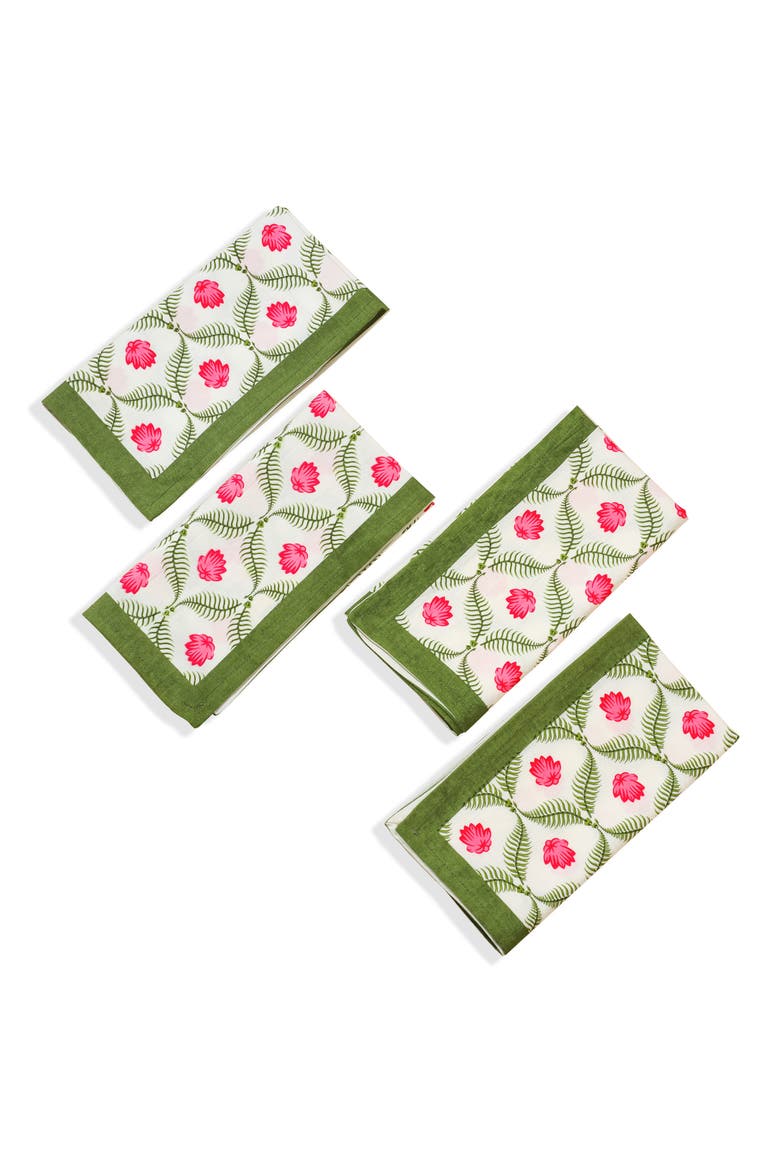 Cotton Set of 4 Napkins, Main, color, GREEN/ PINK