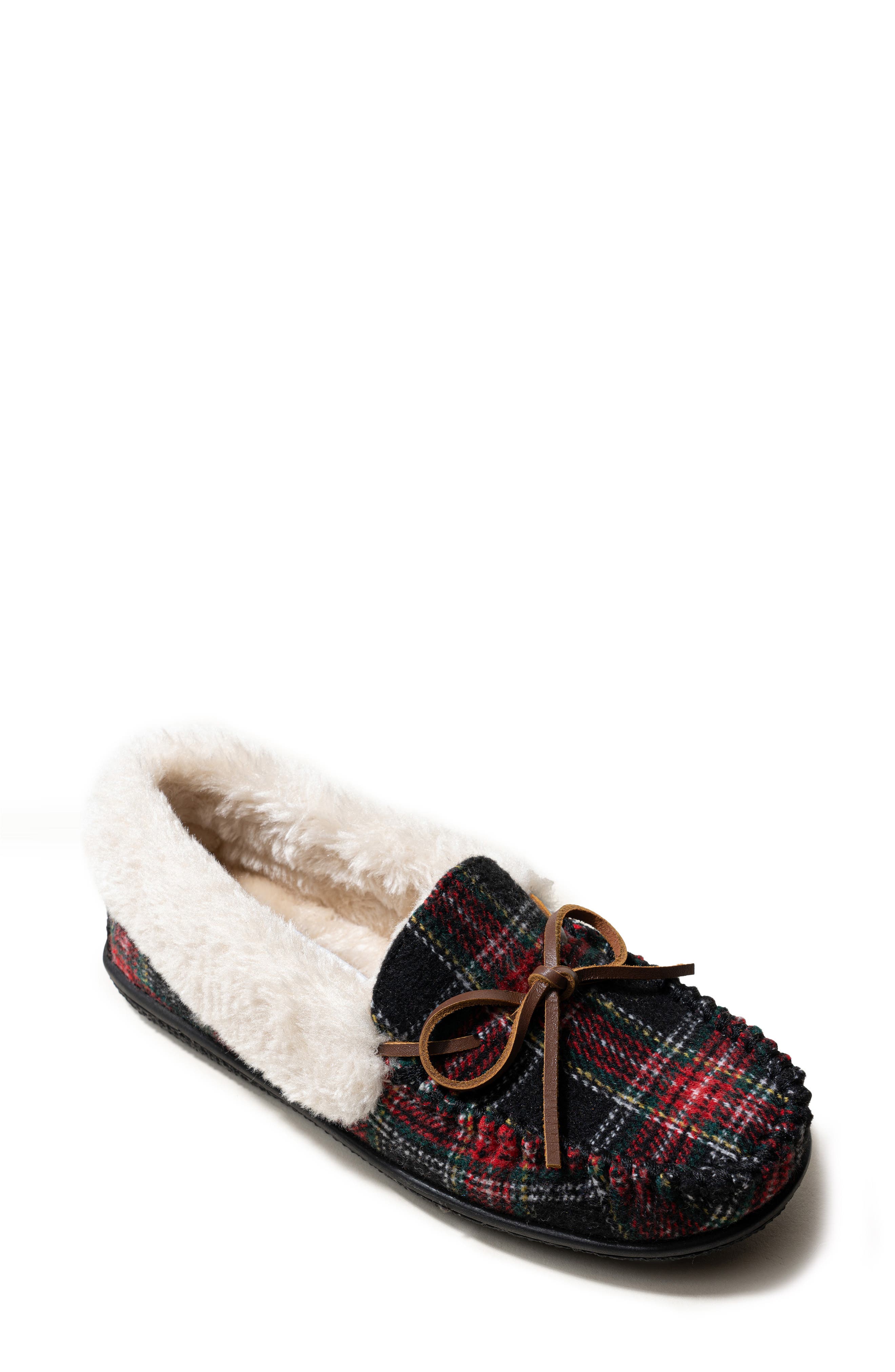 Minnetonka Camp Faux Fur Lined Moccasin Slipper, Main, color, Black Tartan Plaid