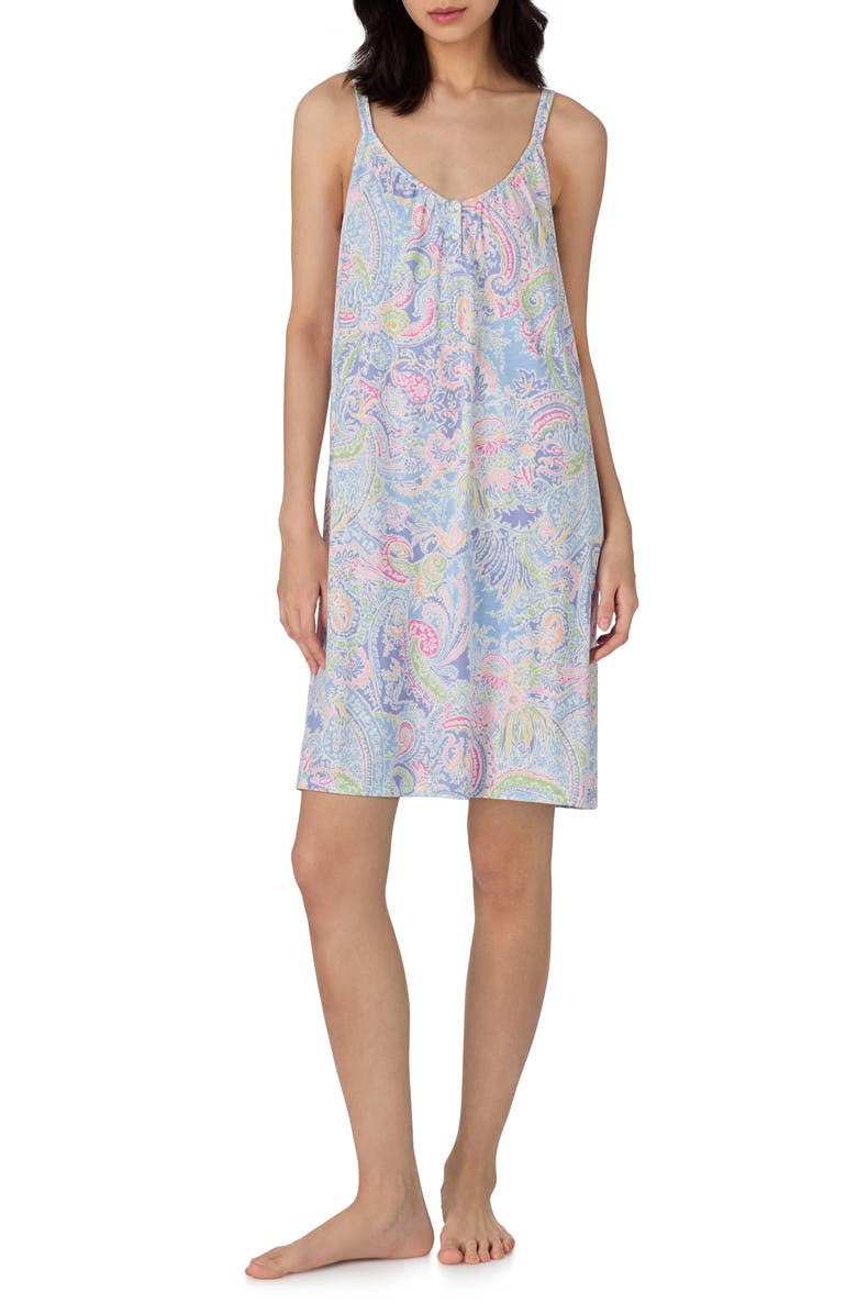 Lauren Ralph Lauren Paisley Print Double Strap Cotton Blend Nightgown, Main, color, 