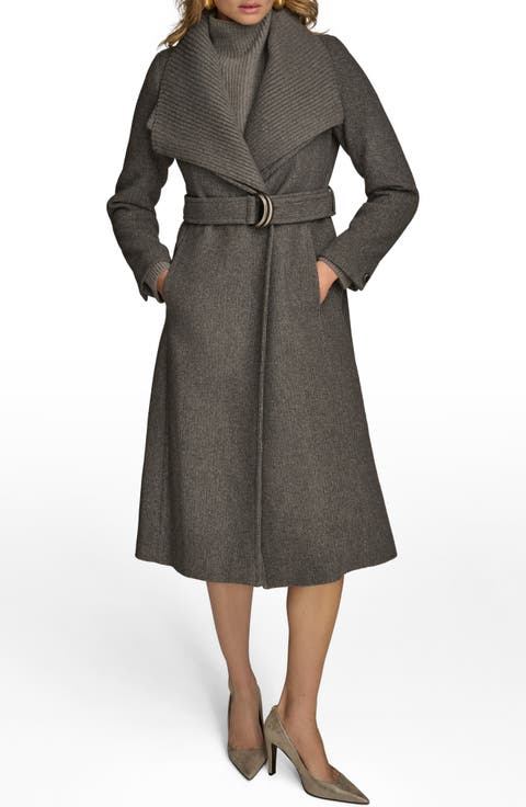 Rib Belted Wool Blend Wrap Coat with Bib