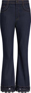 Cinq à Sept Guipure Lace Trim Cropped Flare Leg Jeans