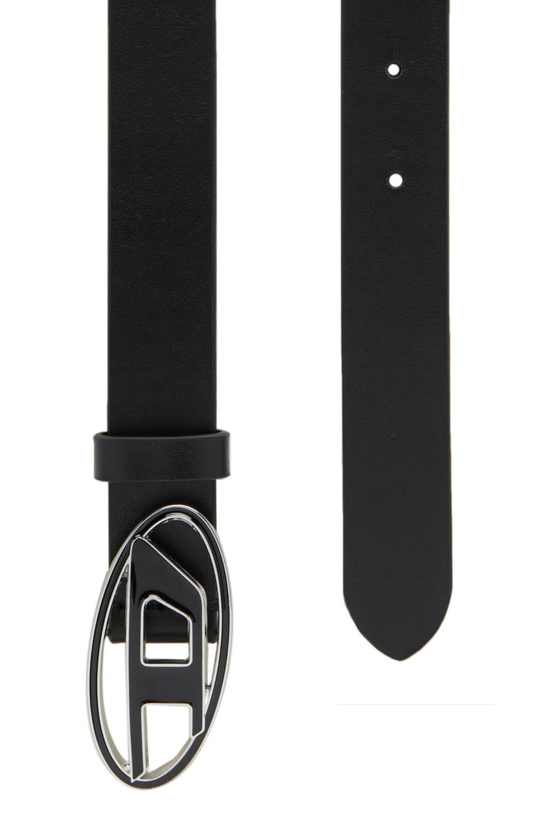 Oval D Buckle Leather Belt, Alternate, color, BLACK