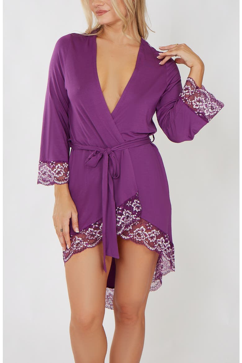Premium Modal High-Low Robe with Scalloped Lace, Main, color, Plum