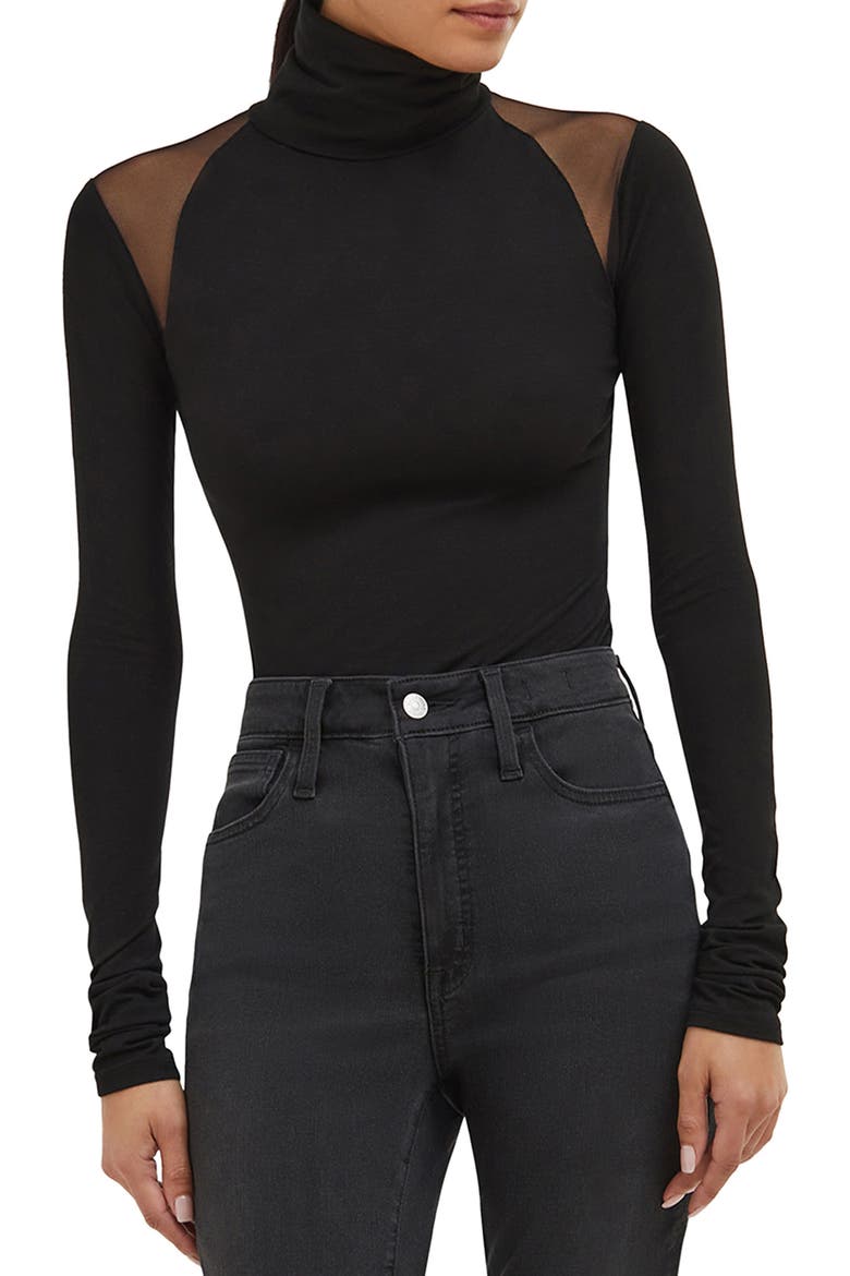 Maria Mesh Panel Jersey Turtleneck Top, Main, color, BLACK