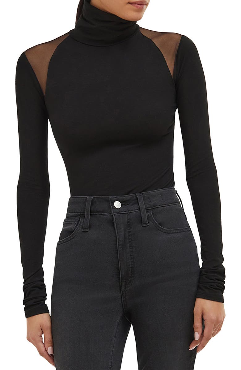 Marcella Maria Mesh Panel Jersey Turtleneck Top, Main, color, Black