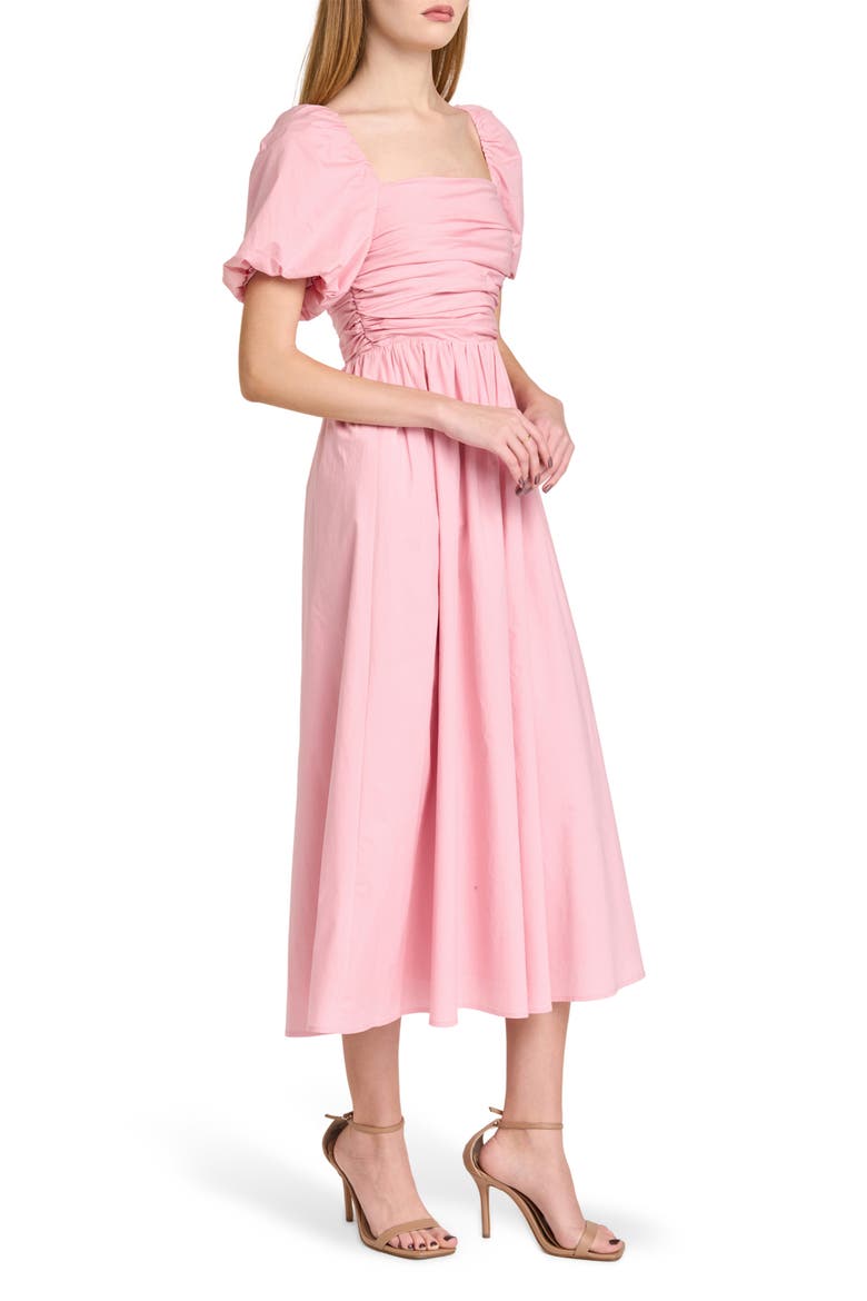Lucy Ruched Puff Sleeve Midi Dress, Alternate, color, PINK