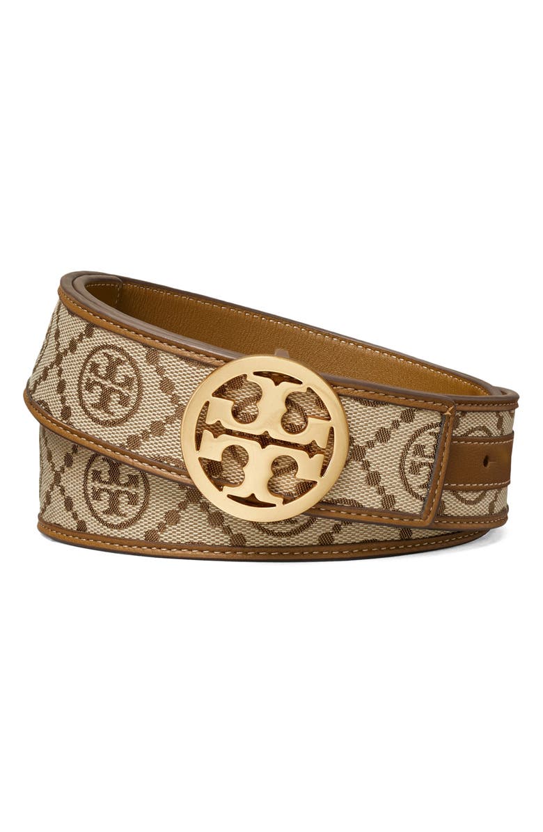 Tory Burch T Monogram Jacquard & Leather Reversible Belt, Main, color,