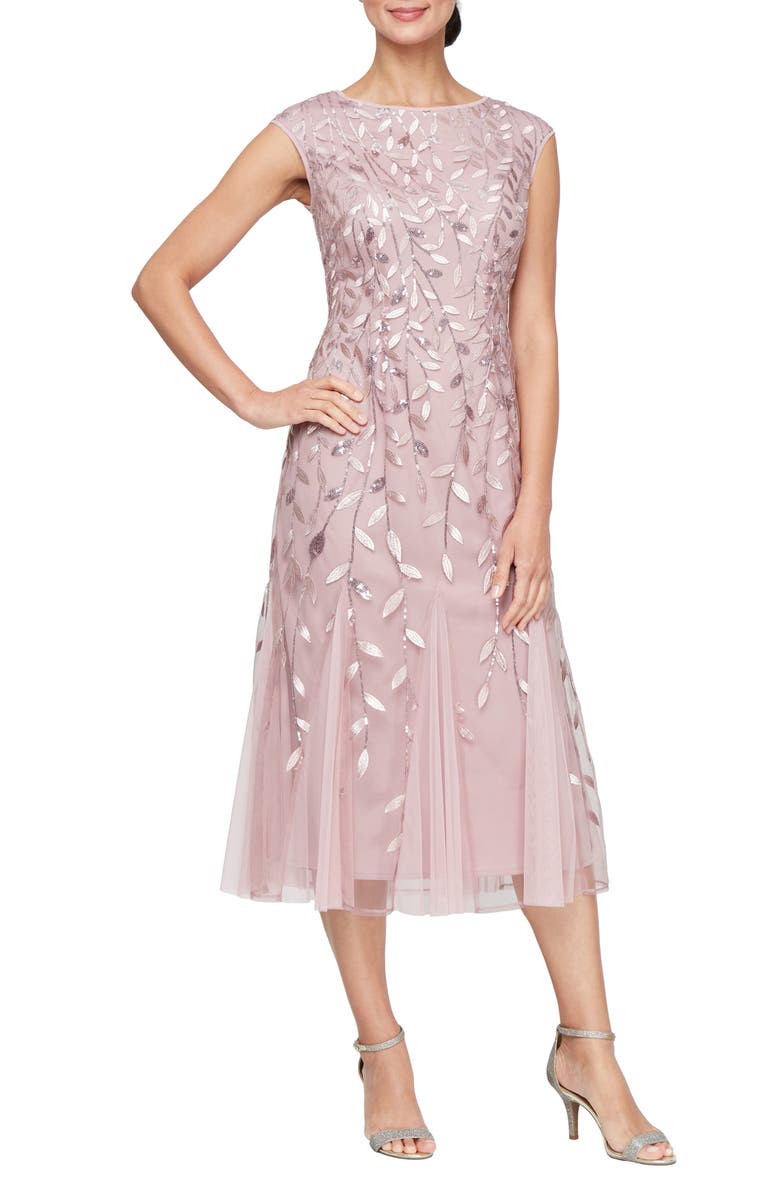 Alex Evenings Sequin Leaf Embroidery Cocktail Midi Dress, Main, color, Rose