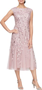 Alex Evenings Sequin Leaf Embroidery Cocktail Midi Dress