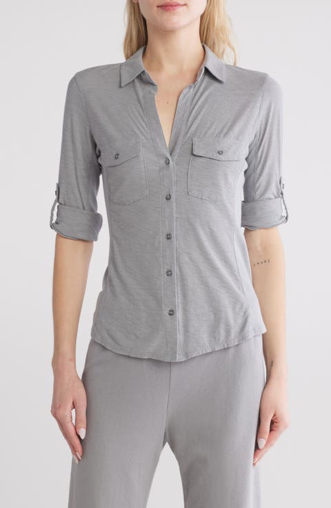 Cotton V-Neck Button-Up Shirt