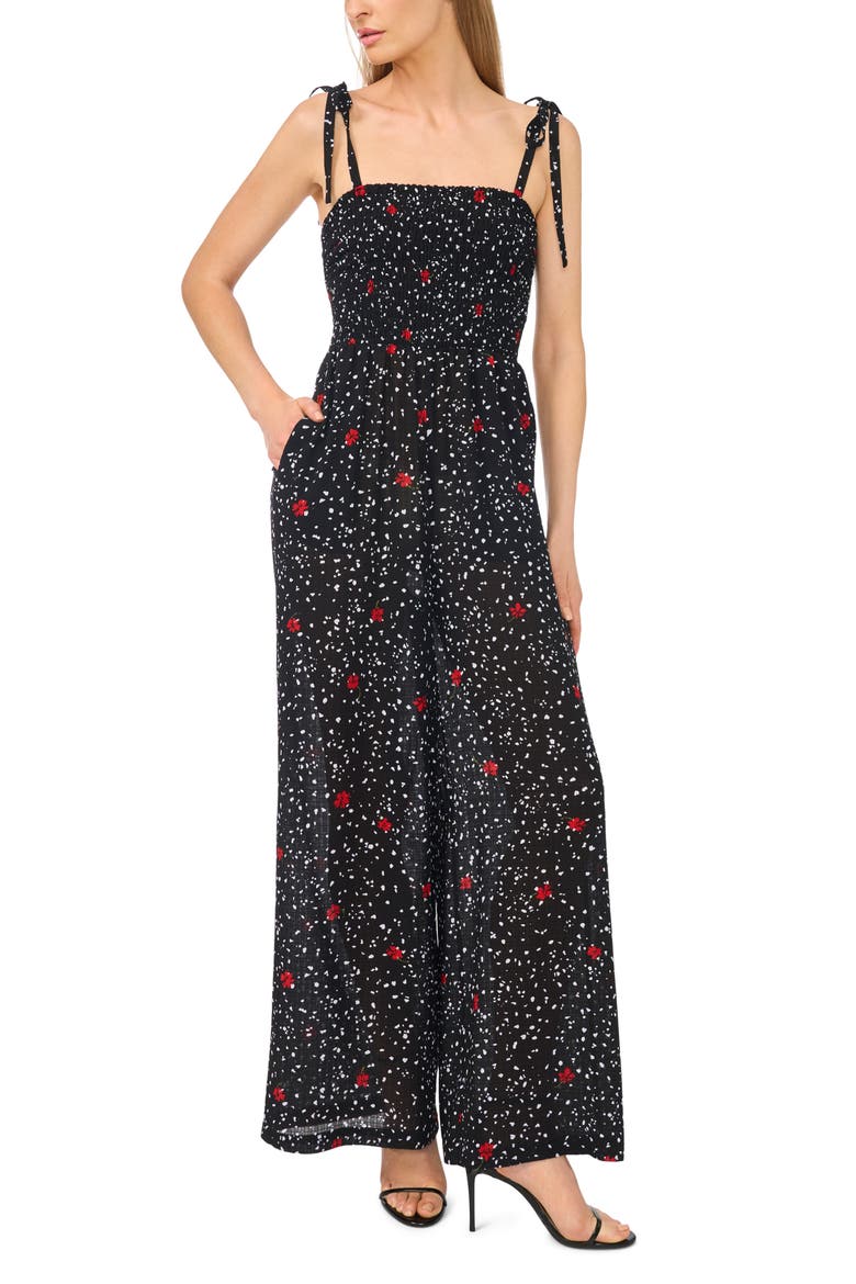 Print Tie Strap Wide Leg Jumpsuit, Main, color, RICH BLACK