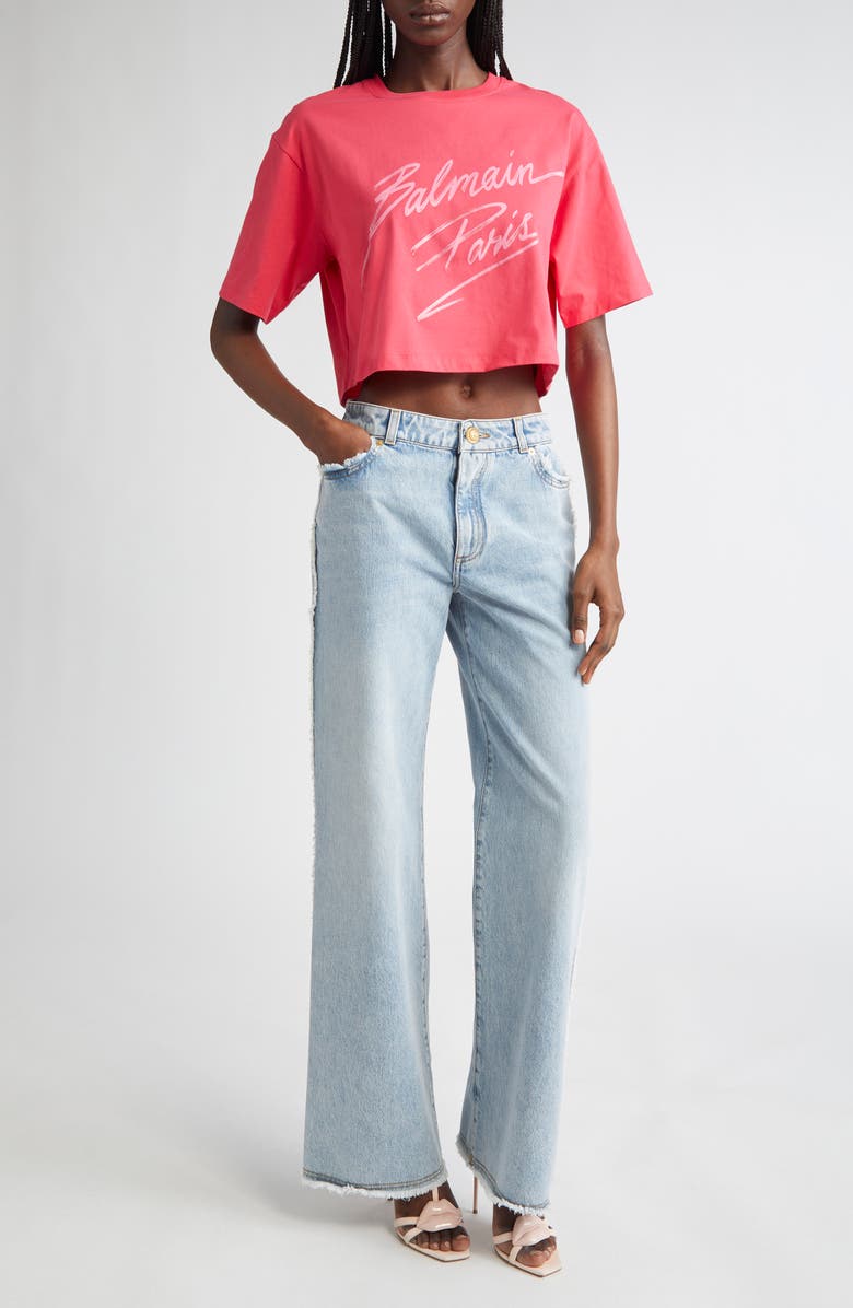 Balmain Baseball Logo Crop Graphic T-Shirt, Alternate, color, Fuschia/ Multi