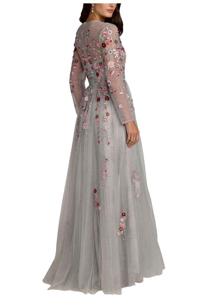 Mac Duggal Embroidered Illusion High Neck Long Sleeve A Line Gown, Alternate, color, Platinum Multi