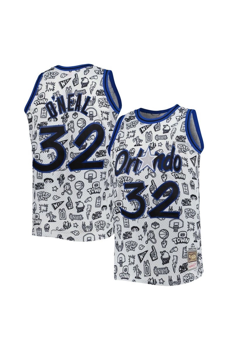 Mitchell & Ness Men's Mitchell & Ness Shaquille O'Neal White Orlando Magic 1994/95 Hardwood Classics Doodle Swingman Jersey, Main, color,