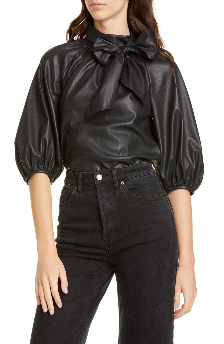Rebecca Taylor Tie Neck Faux Leather Top, Main, color,