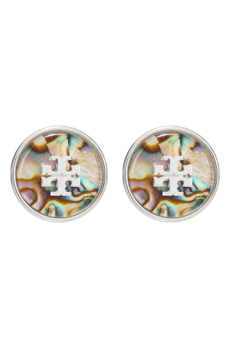 Tory Burch Abalone Stud Earrings, Main, color, Light Silver / Abalone