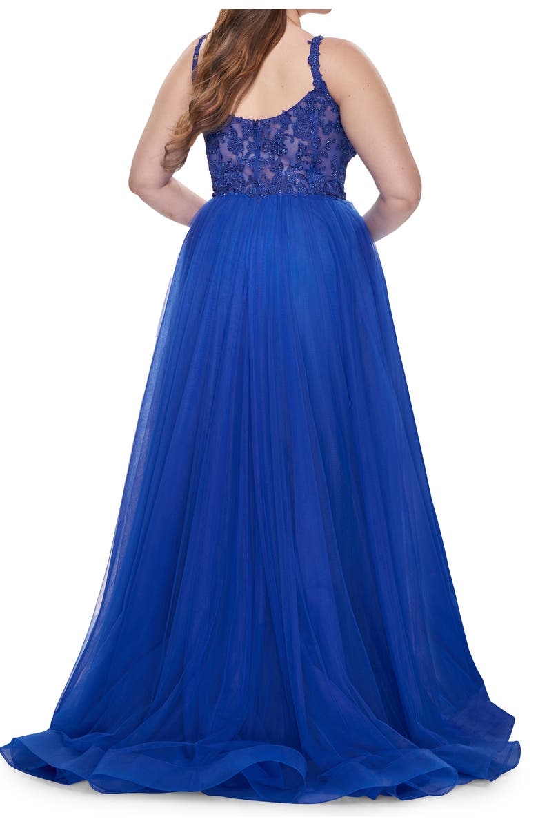 La Femme Deep V Plus Size Tulle Dress with Lace Illusion Bodice, Alternate, color, Royal Blue