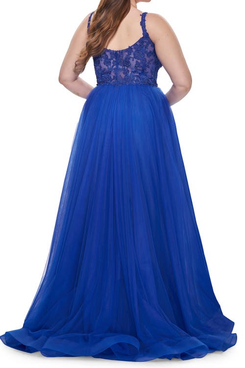 La Femme Deep V Plus Size Tulle Dress With Lace Illusion Bodice