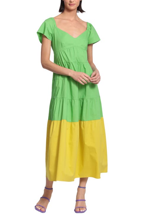 Colorblock Short Sleeve Stretch Cotton Maxi Dress