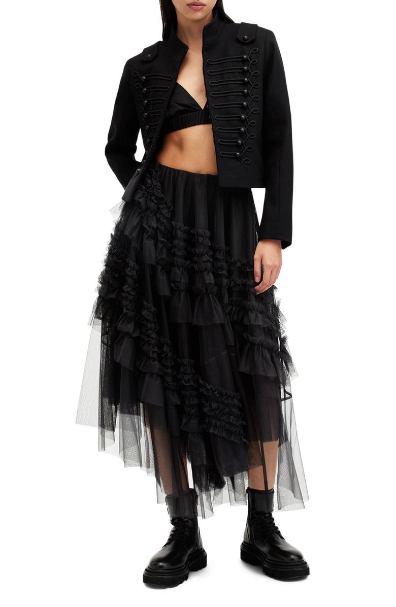 AllSaints Jen Asymmetric Hem Tulle Skirt, Alternate, color, Black