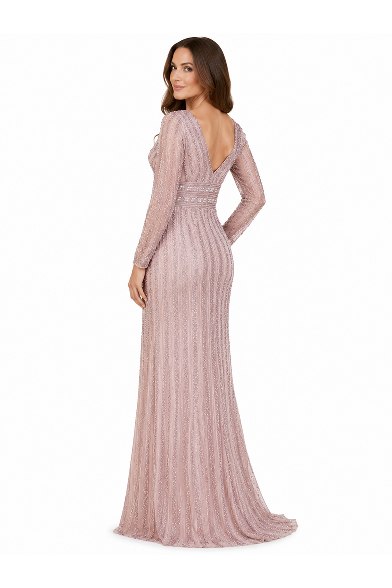 Long Sleeve V-Neck Beaded Gown, Alternate, color, Dusty Rose