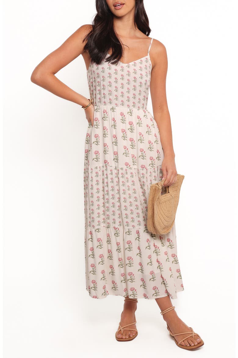 Echo Print Tiered Sleeveless Midi Dress, Main, color, WHITE/ PINK