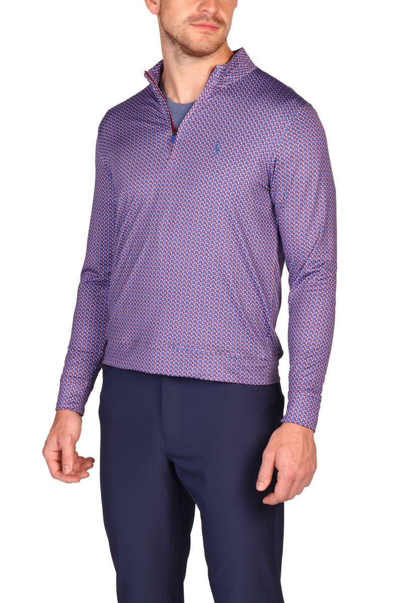 TailorByrd Football Print Quarter Zip Long Sleeve Performance Polo, Alternate, color, Burgundy/ Blue