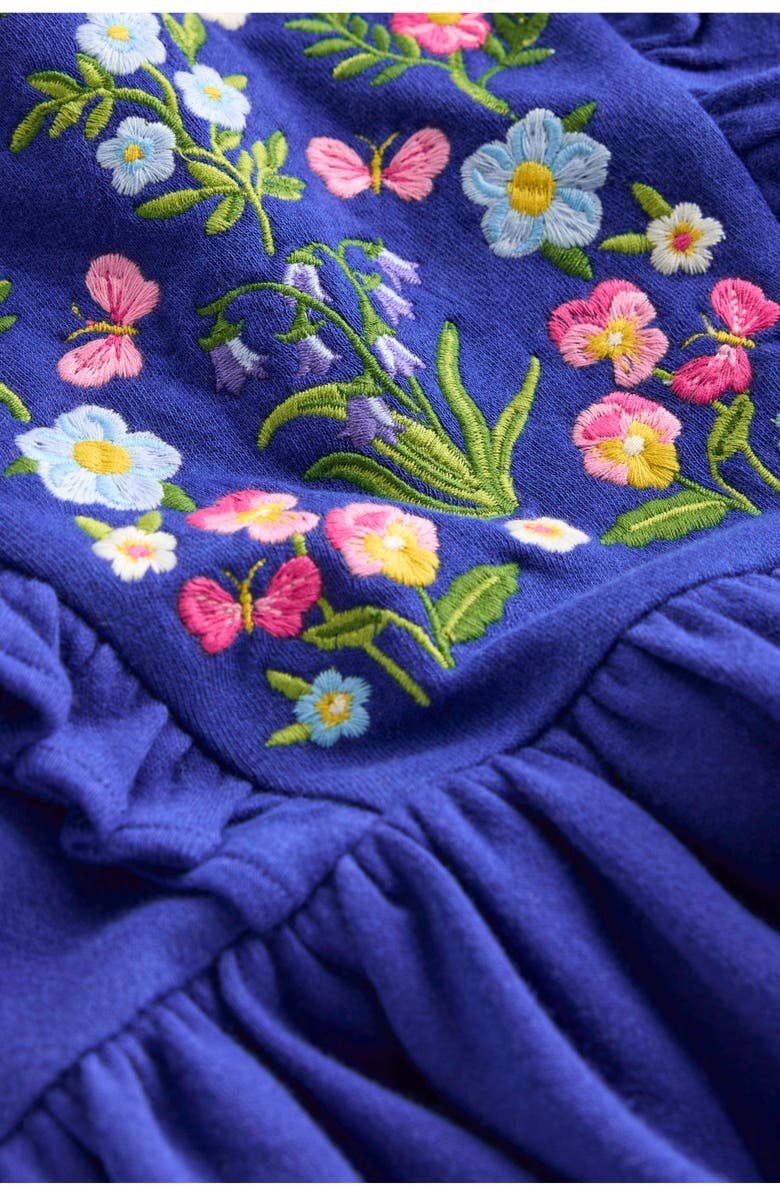 Mini Boden Kids' Embroidered Ruffle Long Sleeve Cotton Dress, Alternate, color, Sapphire Blue