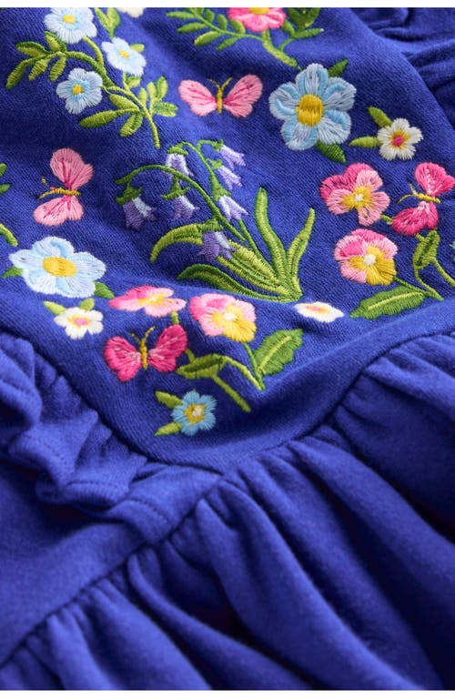 Mini Boden Kids' Embroidered Ruffle Long Sleeve Cotton Dress In Blue
