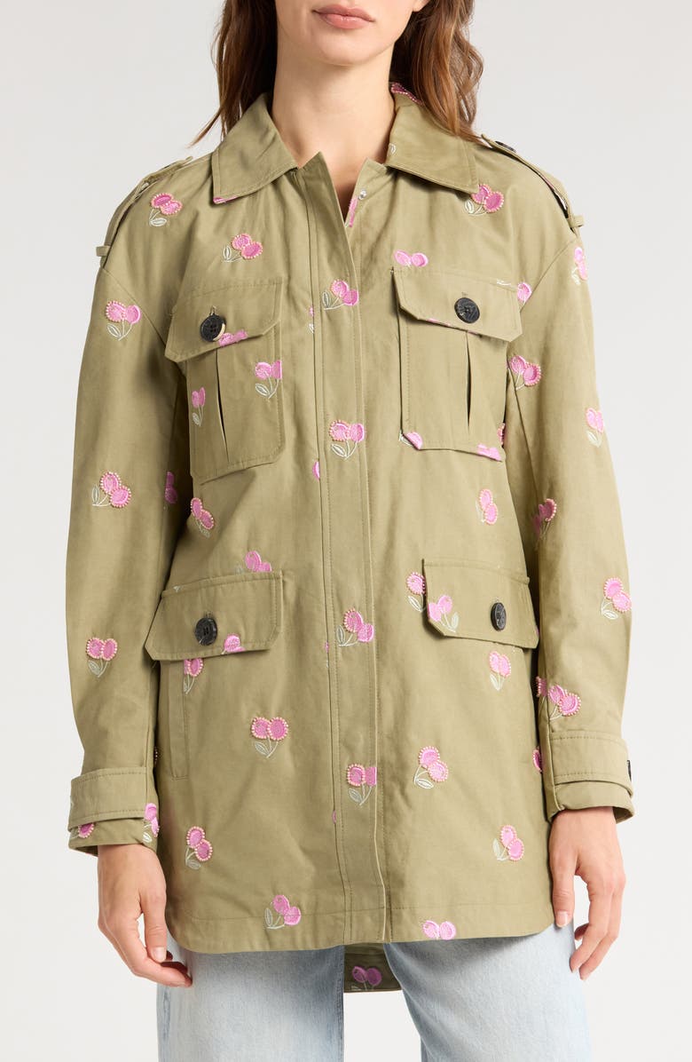 Avec Les Filles Cherry Embroidered Utility Jacket, Main, color, Moss/ Pink Cherry