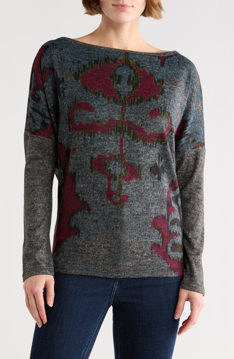 GO COUTURE Stripe Boat Neck Sweater, Main, color, Charcoal/ Red Print