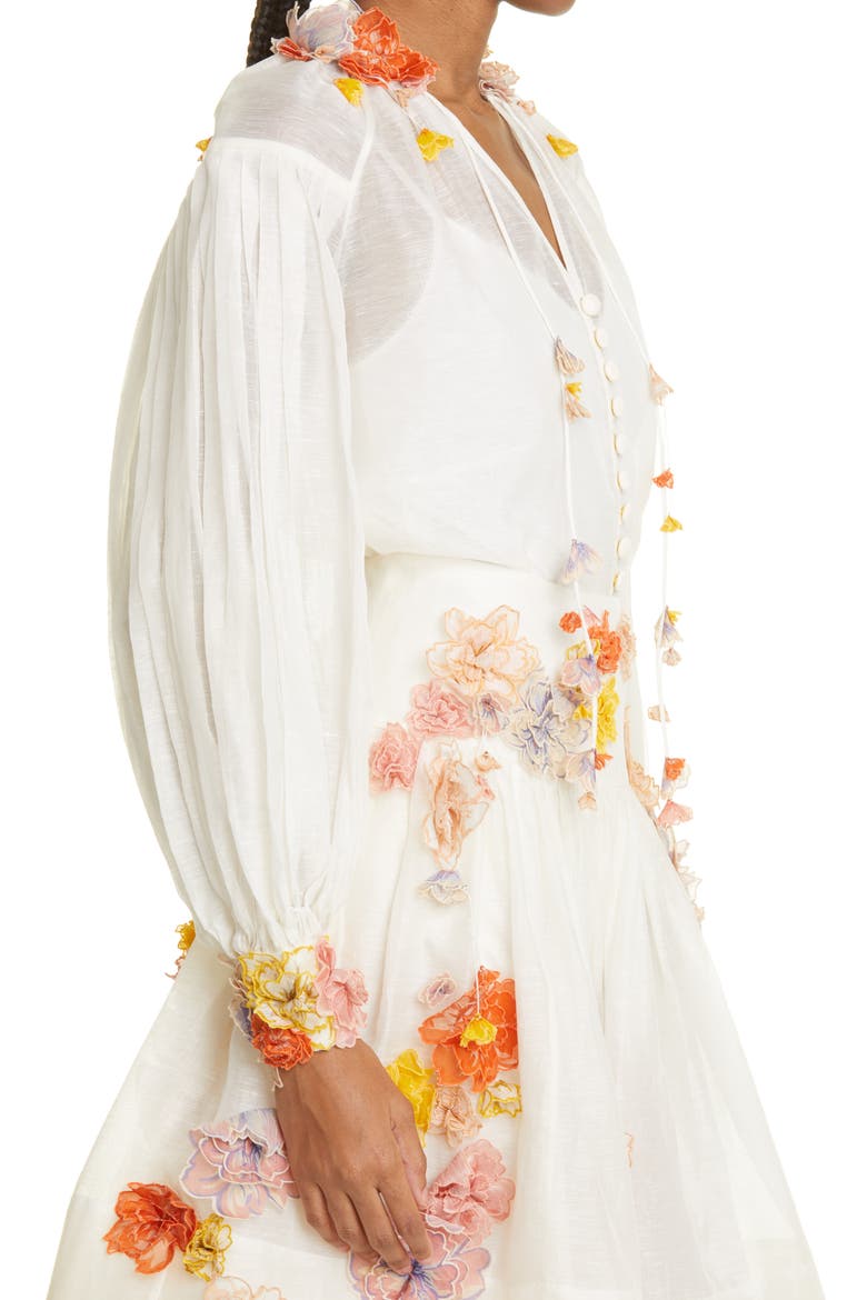 Postcard 3D Floral Appliqué Silk & Linen Organza Blouse, Alternate, color, IVORY