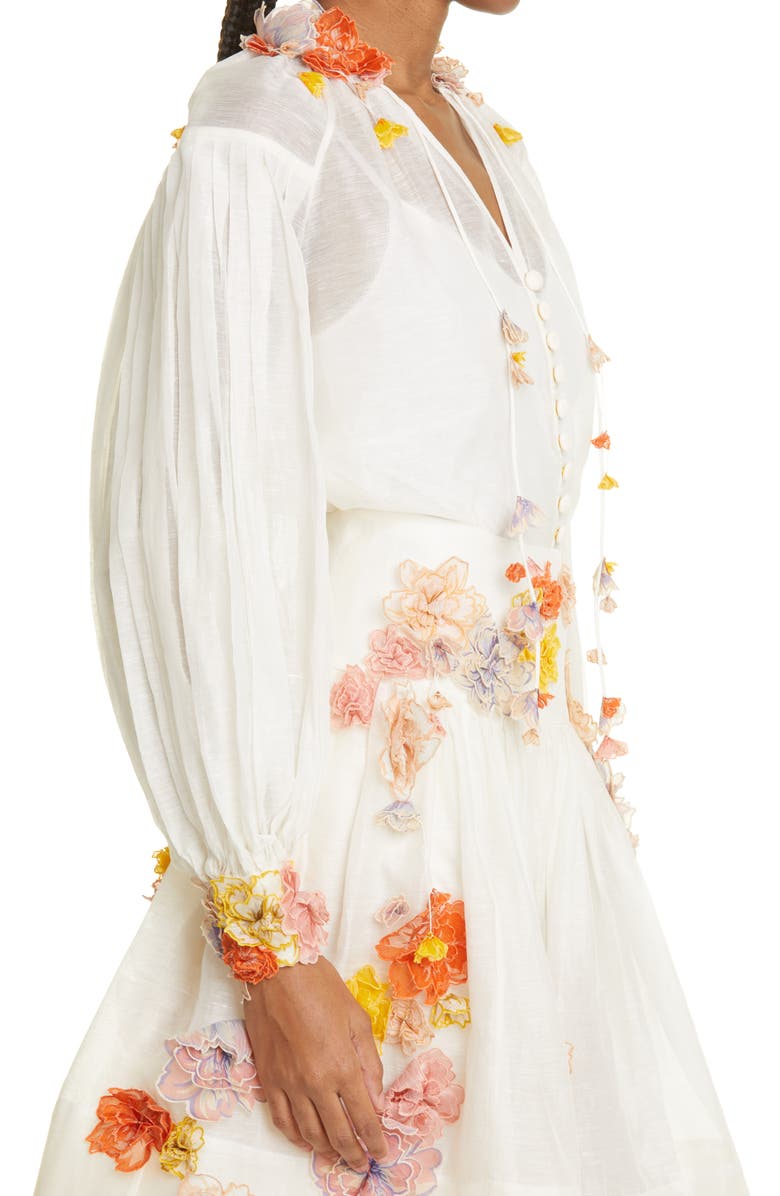 Zimmermann Postcard 3D Floral Appliqué Silk & Linen Organza Blouse, Alternate, color, 
