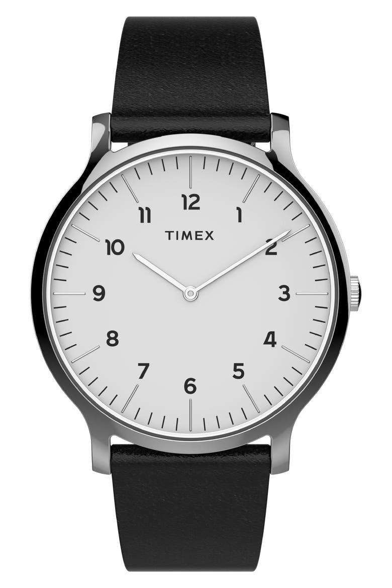 Norway Leather Strap Watch, 40mm, Main, color, BLACK/ WHITE/ SILVER