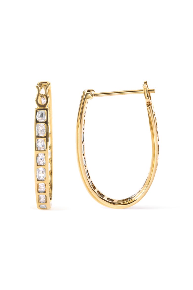 10K Yellow Gold 1.00 Ct Round and BaguetteDiamond U-Hoop Earrings, Main, color, Yellow