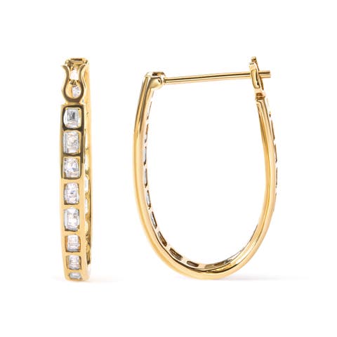 10K Yellow Gold 1.00 Ct Round and BaguetteDiamond U-Hoop Earrings