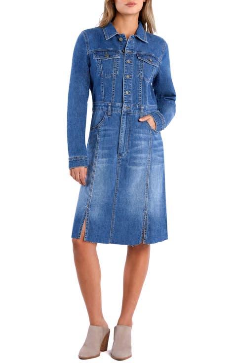 Sway Raw Hem Long Sleeve Denim Shirtdress