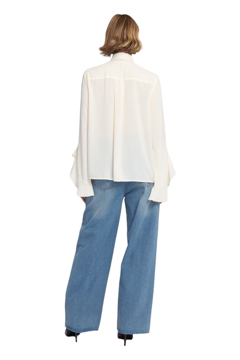 Flounce-Trimmed Tie-Neck Blouse Top, Alternate, color, Cream