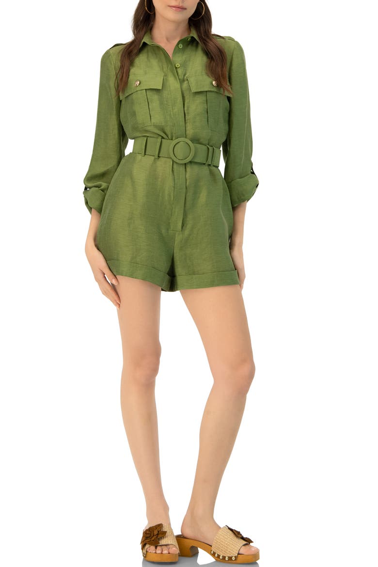 Belted Linen Romper with Cargo Patch Pockets, Alternate, color, Green