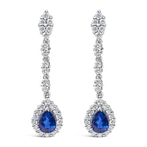 18K White Gold 1 3/5 Cttw Diamond & Blue Sapphire Drop and Dangle Halo Earrings