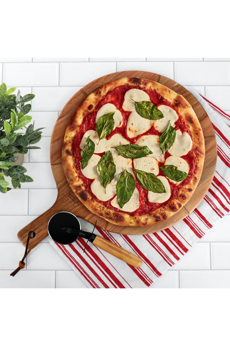 2 Piece Acacia Wood Serving Board and Pizza Cutter Set, Alternate, color, Brown