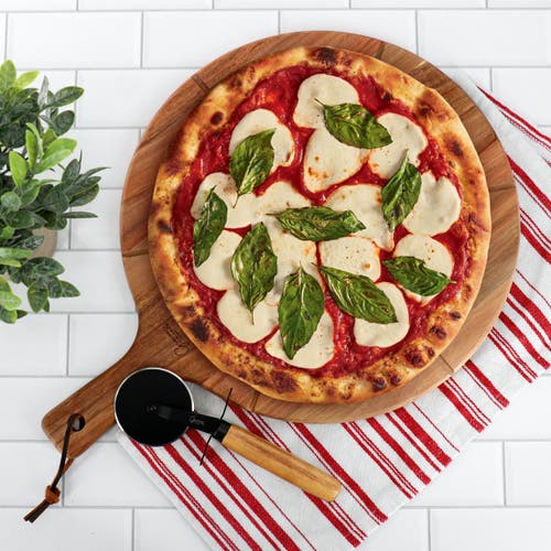 Gibson Elite 2 Piece Acacia Wood Serving Board And Pizza Cutter Set In Brown