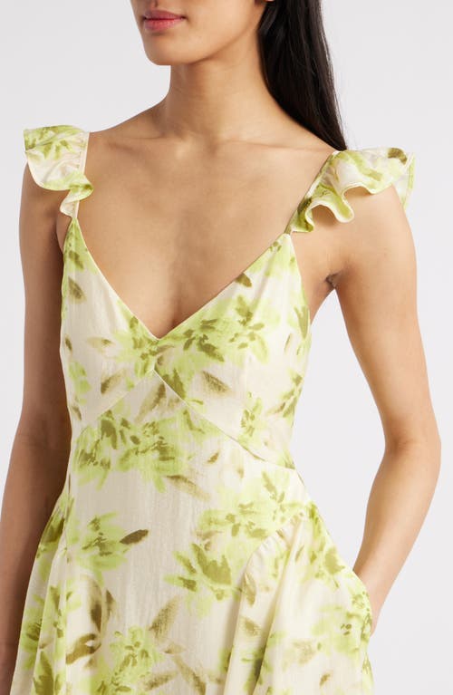 Chelsea28 Flutter Sleeve Maxi Dress In Beige- Green Shadow Bloom