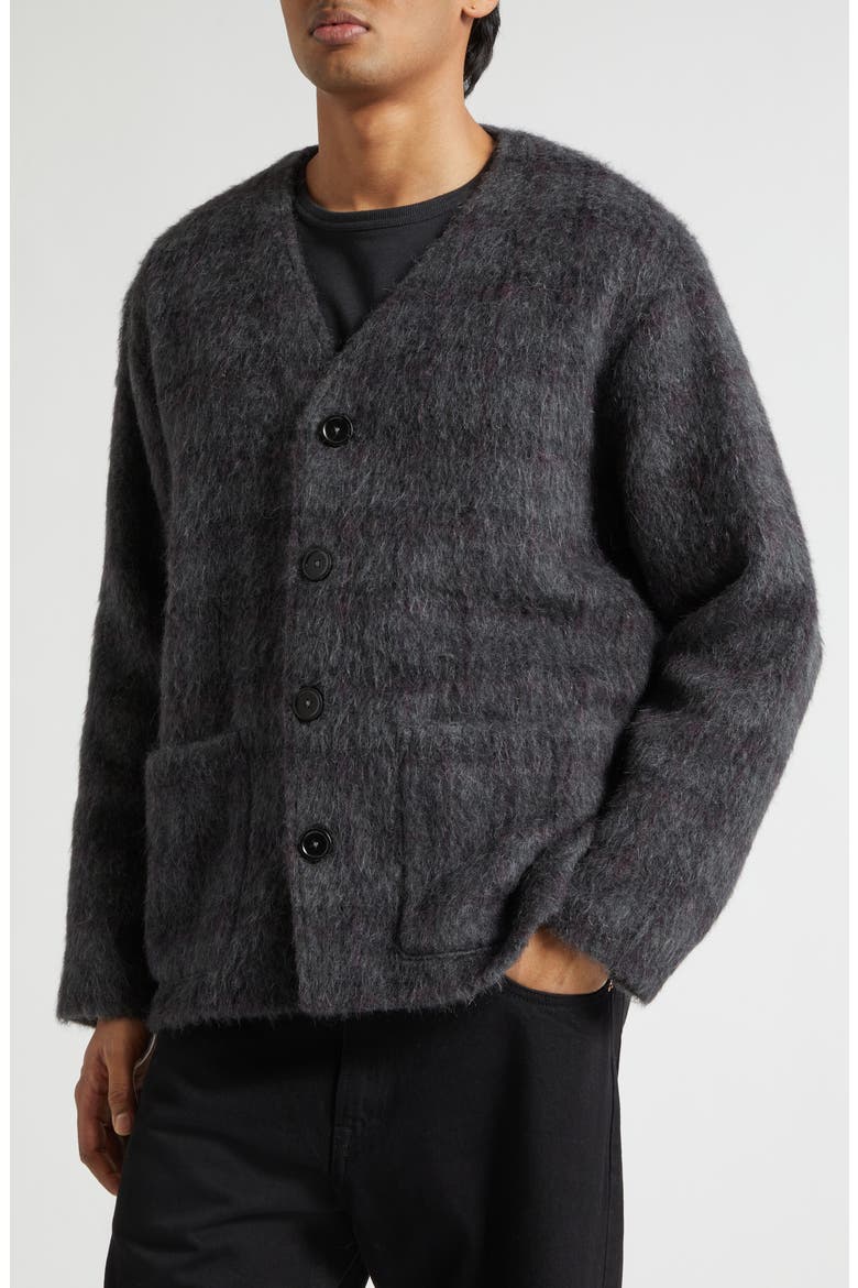 Fuzzy Check Wool & Alpaca Blend Cardigan, Alternate, color, FUZZED PLUM CHECK HAIRY WOOL