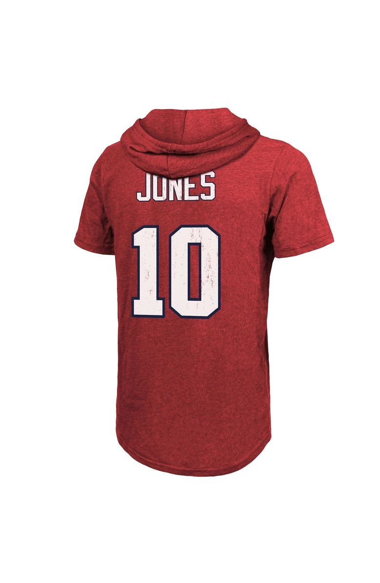Majestic Threads Men's Fanatics Branded Mac Jones Red New England Patriots Player Name & Number Tri-Blend Short Sleeve Hoodie T-Shirt, Alternate, color,