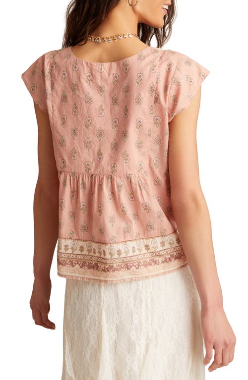 Lucky Brand Printed Split Neck Cotton Top In Pink