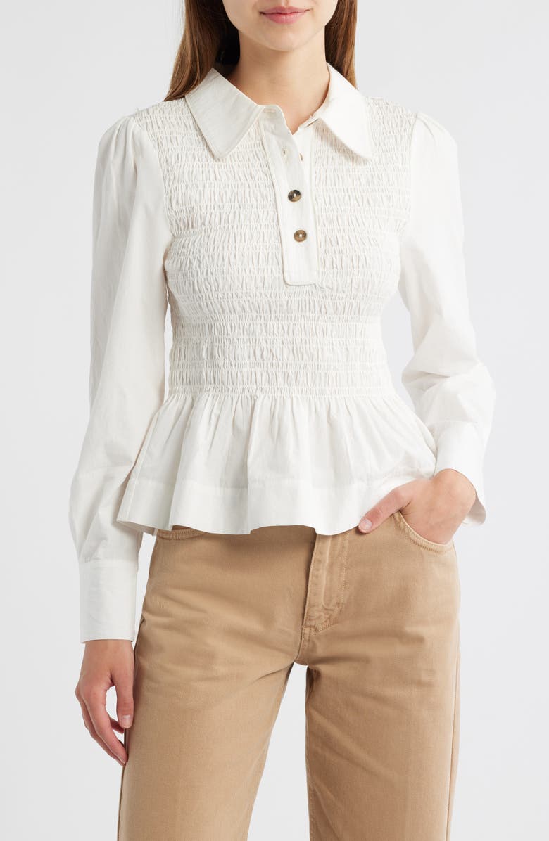 Damson Madder Hazel Smocked Peplum Polo Shirt, Main, color, White