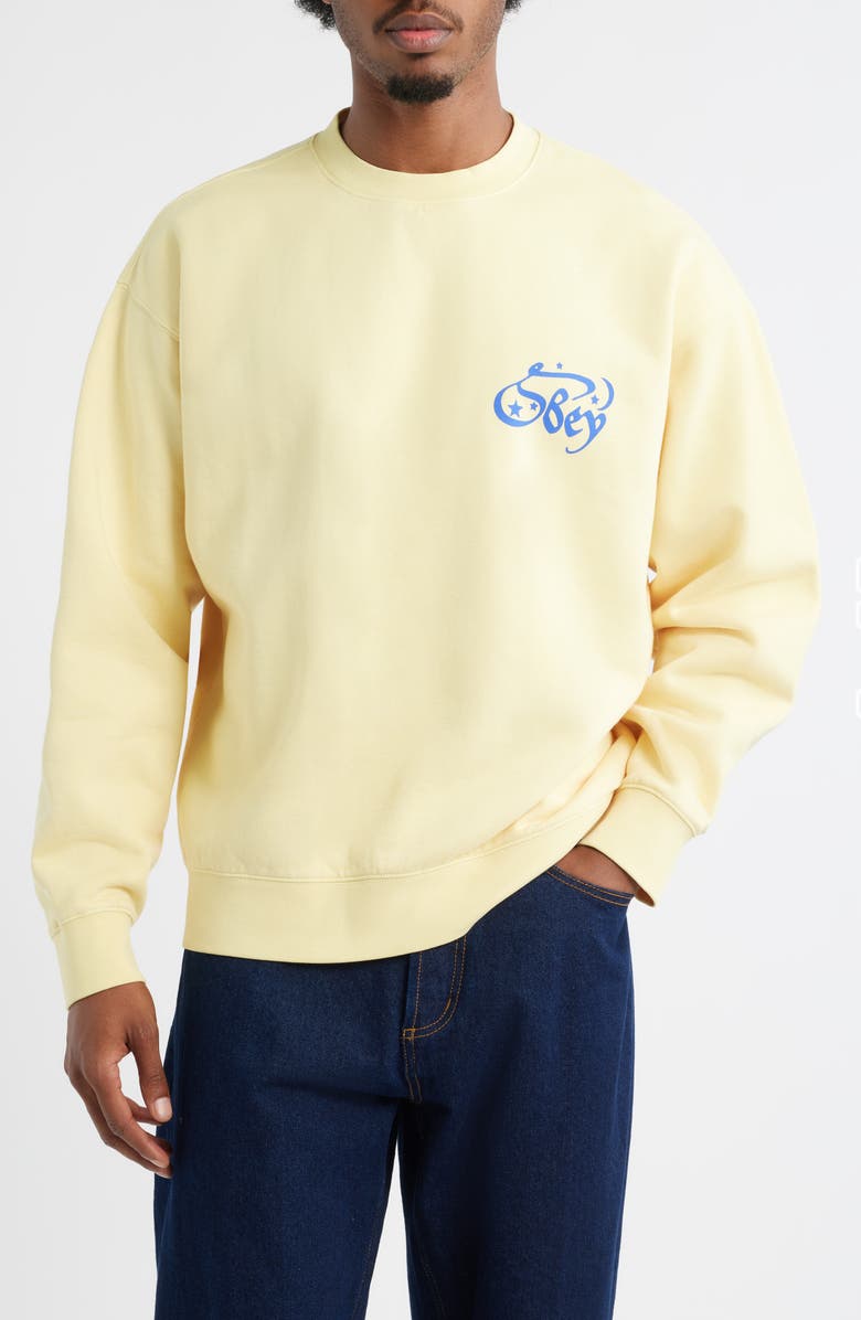 Obey Spellbound Faded Crewneck Sweatshirt, Main, color, Straw Faded Wash