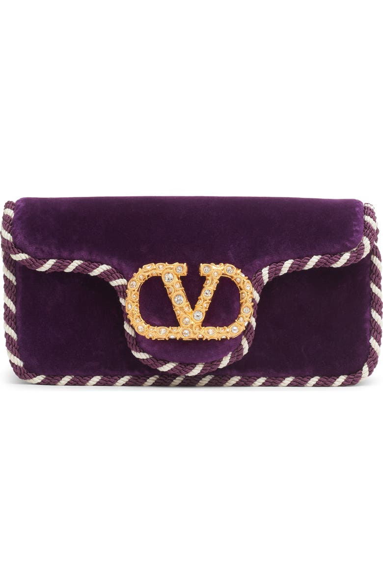 Valentino Garavani Locò Velvet Clutch, Main, color, Panse/ Burro Panse/ Crystal