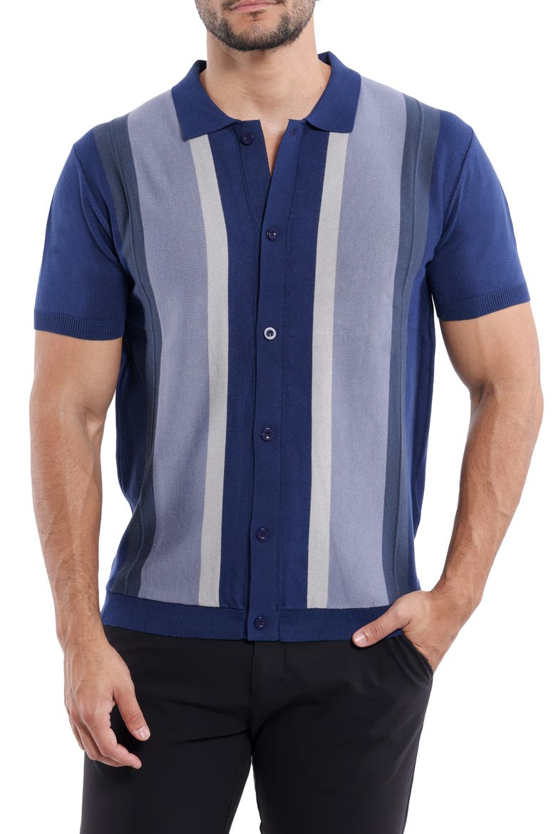 Stripe Short Sleeve Button-Up Polo Sweater, Main, color, NAVY/ NAVY